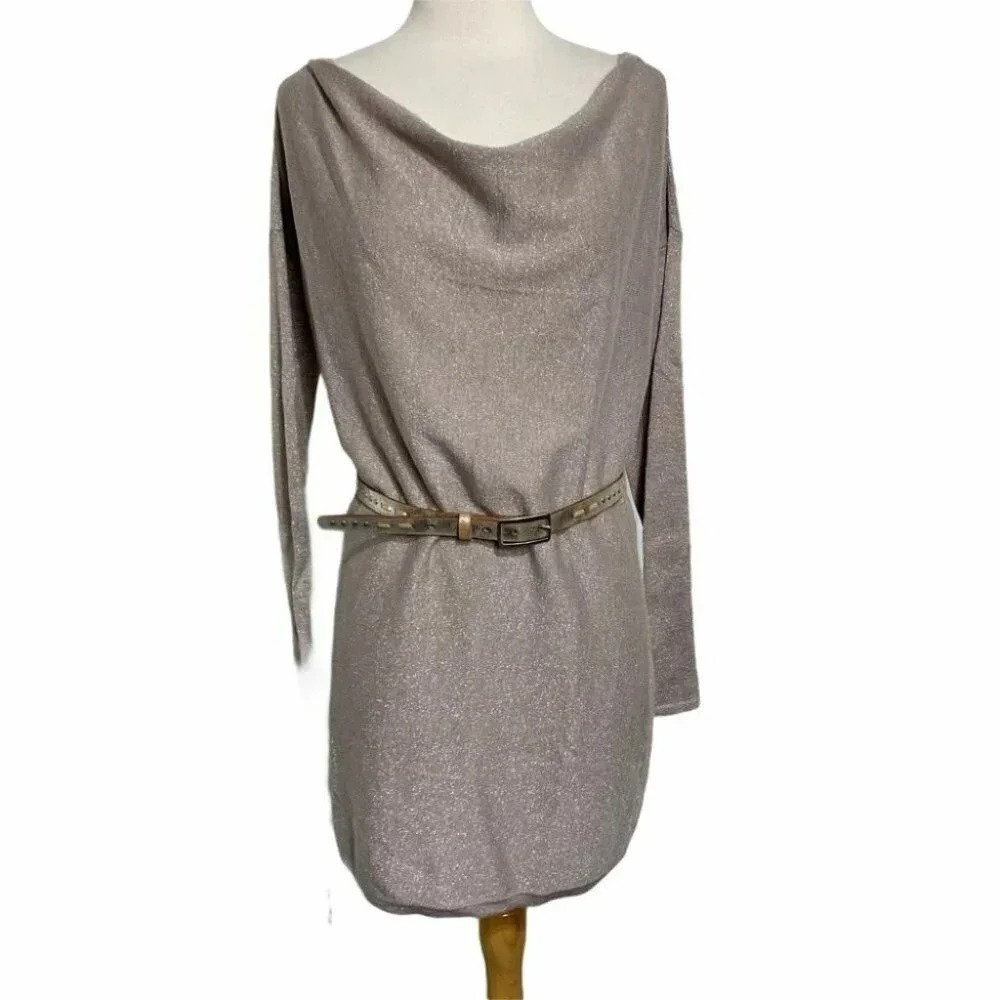 White House Black Market Sweater Dress M‎ Champagne Metallic Shimmer Cowl Neck
